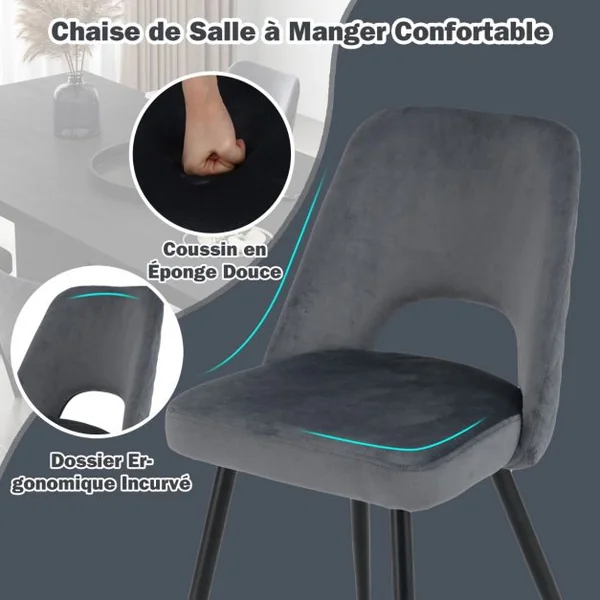 Lot de 2 Chaises de Salle à Manger Rembourrées avec Coussin en Eponge Haute Densité Repose-pieds Réglables Capacité 150 kg Gris