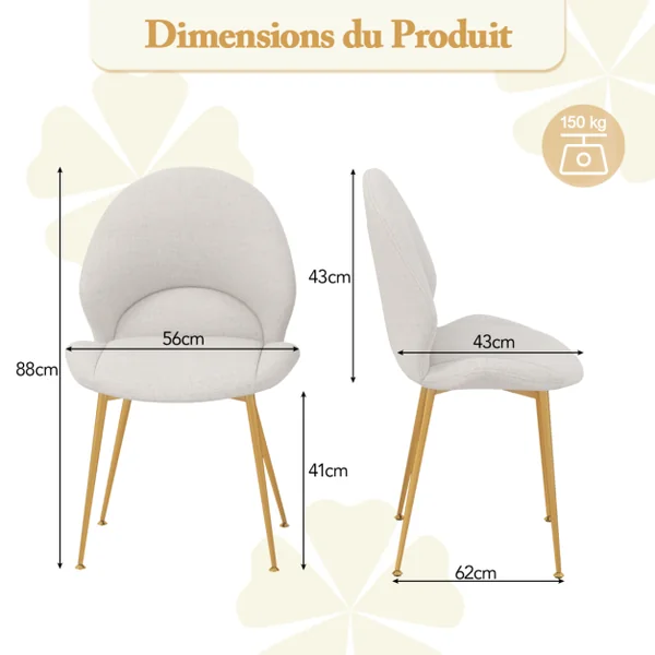 Lot de 2 Chaises de Salle à Manger Rembourrées Dossier Incurvé Siège Large Repose-pieds Réglables Sans Accoudoirs Capacité 150 Kg Gris Clair