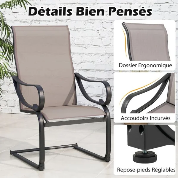 Lot de 2 Chaises d’Extérieur à Ressorts en ‘C’ Chaises à Dossier Haut avec Siège et Dossier en Tissu Maillé Chaises à Bascule en Métal Gris