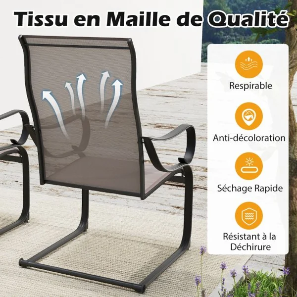 Lot de 2 Chaises d’Extérieur à Ressorts en ‘C’ Chaises à Dossier Haut avec Siège et Dossier en Tissu Maillé Chaises à Bascule en Métal Gris