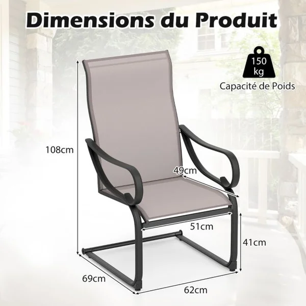 Lot de 2 Chaises d’Extérieur à Ressorts en ‘C’ Chaises à Dossier Haut avec Siège et Dossier en Tissu Maillé Chaises à Bascule en Métal Gris