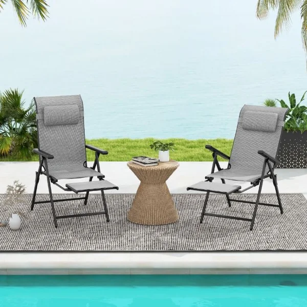 Lot de 2 Chaises Longues Pliantes et Inclinables Dossiers et Accoudoirs Réglables à 10 Niveaux Repose-Pied Rétractable Capacité 150 Kg Gris