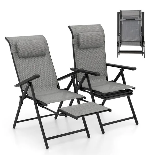 Lot de 2 Chaises Longues Pliantes et Inclinables Dossiers et Accoudoirs Réglables à 10 Niveaux Repose-Pied Rétractable Capacité 150 Kg Gris