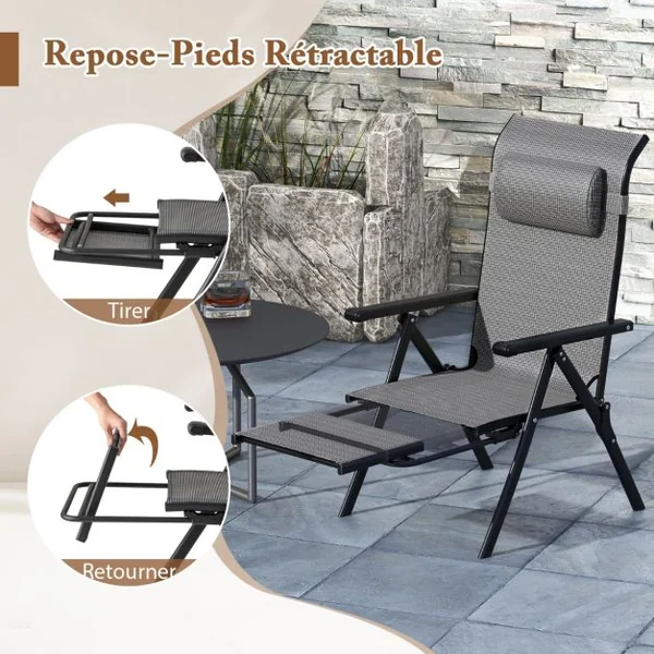 Lot de 2 Chaises Longues Pliantes et Inclinables Dossiers et Accoudoirs Réglables à 10 Niveaux Repose-Pied Rétractable Capacité 150 Kg Gris