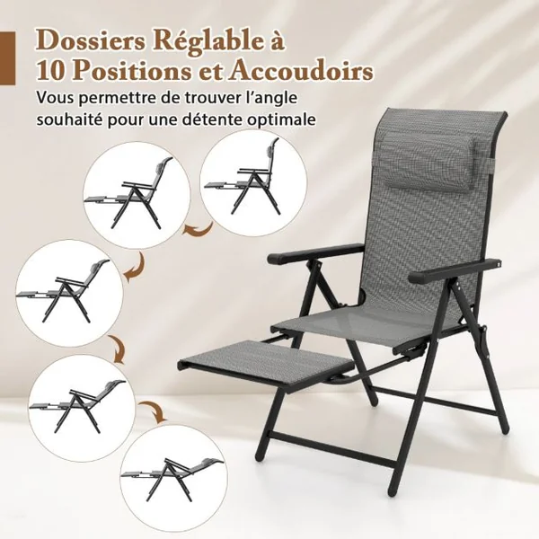 Lot de 2 Chaises Longues Pliantes et Inclinables Dossiers et Accoudoirs Réglables à 10 Niveaux Repose-Pied Rétractable Capacité 150 Kg Gris