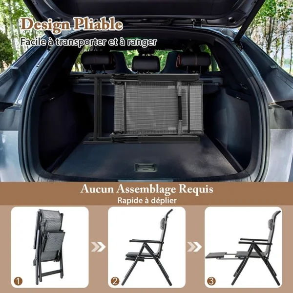 Lot de 2 Chaises Longues Pliantes et Inclinables Dossiers et Accoudoirs Réglables à 10 Niveaux Repose-Pied Rétractable Capacité 150 Kg Gris