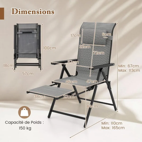Lot de 2 Chaises Longues Pliantes et Inclinables Dossiers et Accoudoirs Réglables à 10 Niveaux Repose-Pied Rétractable Capacité 150 Kg Gris