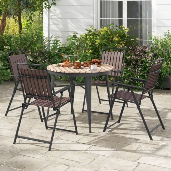 Lot de 2 Chaises Pliantes d'Extérieur Chaises Légères Siège et Dossier en Polypropylène Cadre En Métal Capacité 180 Kg Chaises à Lattes Café