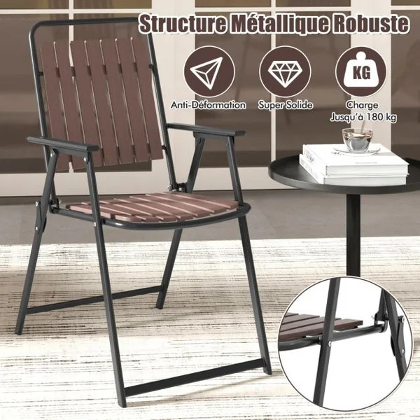 Lot de 2 Chaises Pliantes d'Extérieur Chaises Légères Siège et Dossier en Polypropylène Cadre En Métal Capacité 180 Kg Chaises à Lattes Café