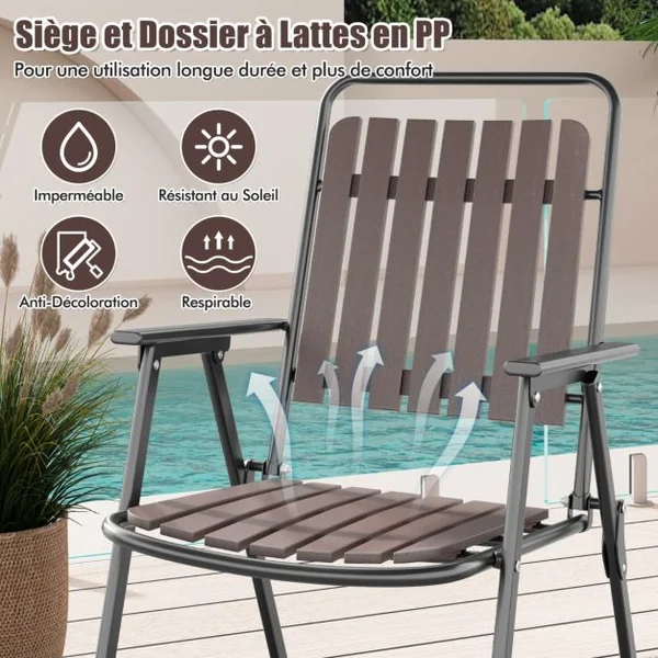 Lot de 2 Chaises Pliantes d'Extérieur Chaises Légères Siège et Dossier en Polypropylène Cadre En Métal Capacité 180 Kg Chaises à Lattes Café