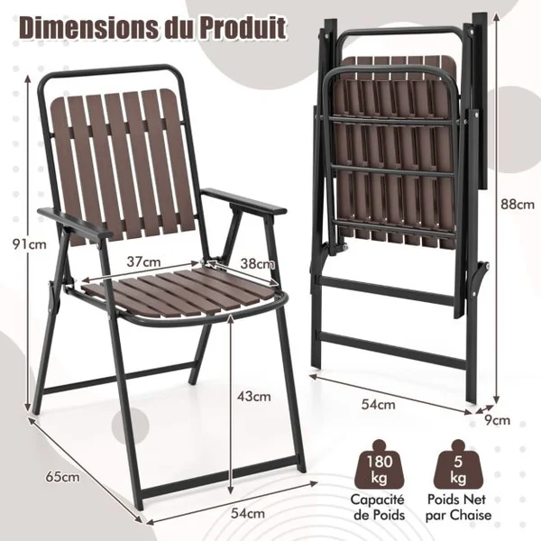 Lot de 2 Chaises Pliantes d'Extérieur Chaises Légères Siège et Dossier en Polypropylène Cadre En Métal Capacité 180 Kg Chaises à Lattes Café
