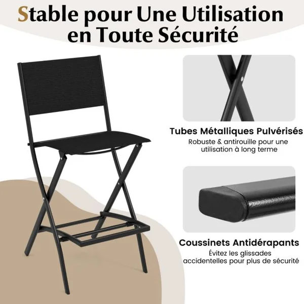 Lot de 2 Chaises Tabourets de Bar en Textilène Conception Pliable Patins Antidérapants Repose pieds Charge 150KG Café/Bleu/Noir