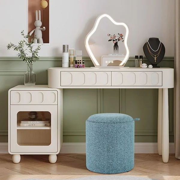 Lot de 2 Ottomans Ronds Rembourrés avec Plateau Réversible et Rangement Caché 2 Tailles Différentes et Emboîtables Repose-pieds Bleu