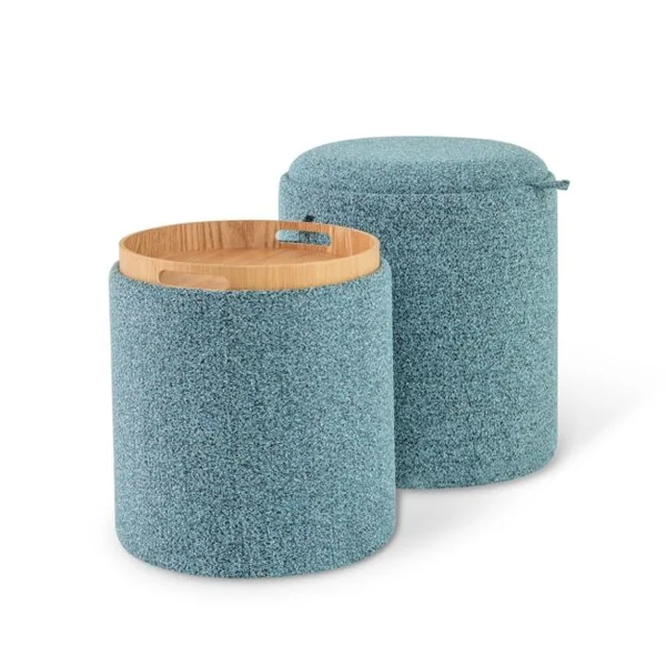 Lot de 2 Ottomans Ronds Rembourrés avec Plateau Réversible et Rangement Caché 2 Tailles Différentes et Emboîtables Repose-pieds Bleu
