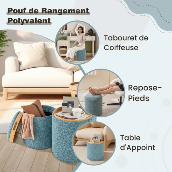 Lot de 2 Ottomans Ronds Rembourrés avec Plateau Réversible et Rangement Caché 2 Tailles Différentes et Emboîtables Repose-pieds Bleu