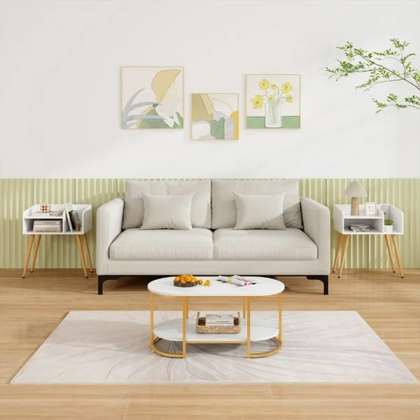 (Lot de 2) Table(s) de Chevet à 2 Niveaux avec Etagères Ouvertes Table d'Appoint avec Pieds en Métal Blanc/Noir/Marron Rustique