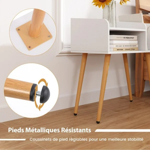 (Lot de 2) Table(s) de Chevet à 2 Niveaux avec Etagères Ouvertes Table d'Appoint avec Pieds en Métal Blanc/Noir/Marron Rustique