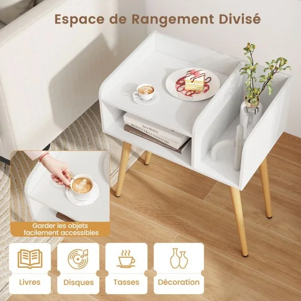 (Lot de 2) Table(s) de Chevet à 2 Niveaux avec Etagères Ouvertes Table d'Appoint avec Pieds en Métal Blanc/Noir/Marron Rustique