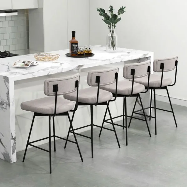 Lot de 2 Tabourets de Bar de 63,5 cm Pivotants à Hauteur de Comptoir Siège et Dossier Rembourrés Repose-pieds Cadre en Métal Beige/Gris