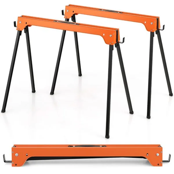 Lot de 2 Tréteaux Pliables Métalliques Charge Max 600 kg Tréteaux Pliants Compacts avec 4 Crochets 92 x 48 x 74 cm Jaune/Orange