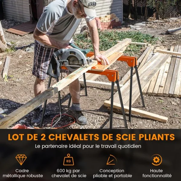 Lot de 2 Tréteaux Pliables Métalliques Charge Max 600 kg Tréteaux Pliants Compacts avec 4 Crochets 92 x 48 x 74 cm Jaune/Orange