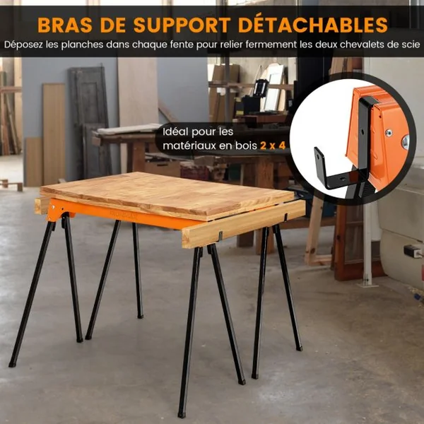 Lot de 2 Tréteaux Pliables Métalliques Charge Max 600 kg Tréteaux Pliants Compacts avec 4 Crochets 92 x 48 x 74 cm Jaune/Orange