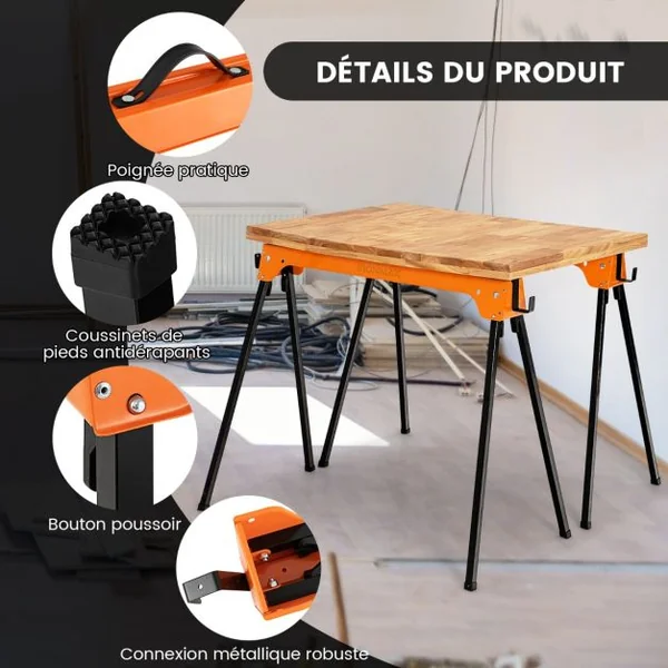 Lot de 2 Tréteaux Pliables Métalliques Charge Max 600 kg Tréteaux Pliants Compacts avec 4 Crochets 92 x 48 x 74 cm Jaune/Orange