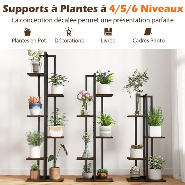 Lot de 3 Supports de Plantes Intérieures à 4+5+6 Niveaux Porte-Plantes d'Angle avec Dispositifs Anti-basculement Marron