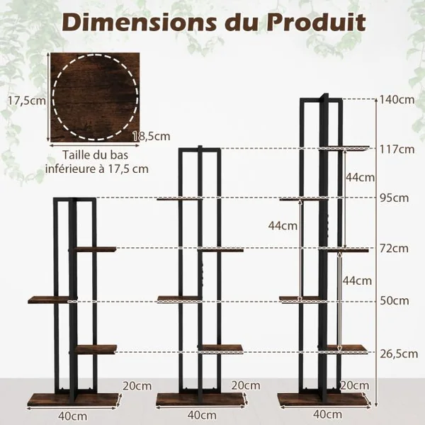 Lot de 3 Supports de Plantes Intérieures à 4+5+6 Niveaux Porte-Plantes d'Angle avec Dispositifs Anti-basculement Marron