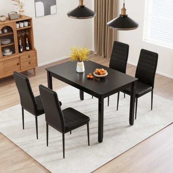 Lot de 4 Chaises de Salle à Manger Rembourrées Sans Accoudoirs Dossier et Siège Rembourrés Cuir Synthétique Pieds en Métal Noir
