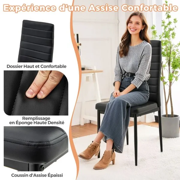 Lot de 4 Chaises de Salle à Manger Rembourrées Sans Accoudoirs Dossier et Siège Rembourrés Cuir Synthétique Pieds en Métal Noir