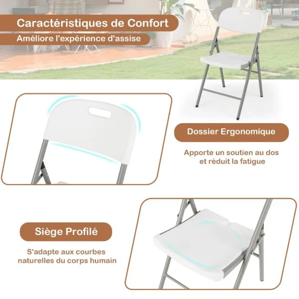 Lot de 4 Chaises Pliantes Sièges Portables en Plastique avec Cadre en Métal et Poignée de Transport Chaises de Fête Pliables Blanc