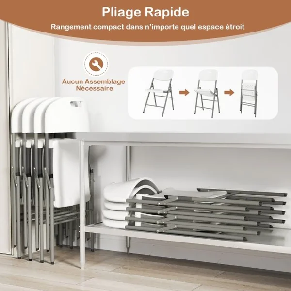 Lot de 4 Chaises Pliantes Sièges Portables en Plastique avec Cadre en Métal et Poignée de Transport Chaises de Fête Pliables Blanc