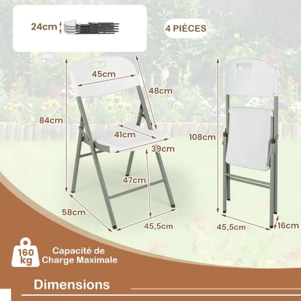 Lot de 4 Chaises Pliantes Sièges Portables en Plastique avec Cadre en Métal et Poignée de Transport Chaises de Fête Pliables Blanc