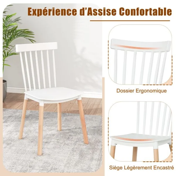 Lot de 4 Chaises Windsor Dossier à Fuseaux et Sièges Incurvés Pieds en Bois Massif Robustes Patins Antidérapants Sans Accoudoirs Noir/Blanc