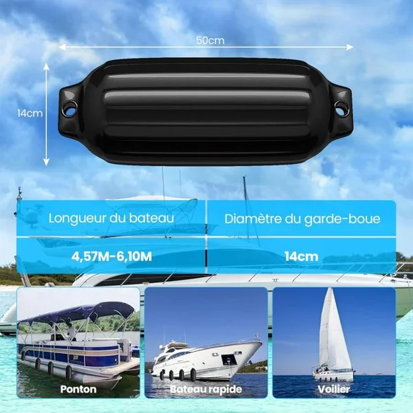 Lot de 4 Pare-Battage Gonflables en PVC à Deux Œillets Nervurés pour Ponton Voilier Hors-Bord Noir/Bleu
