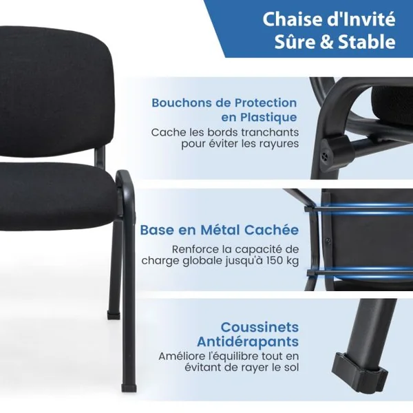 Lot de 5 Chaises de Conférence Ensemble de Chaises d'Invité Empilables Chaise de Bureau avec Cadre en Métal et Coussin Rembourré Noir