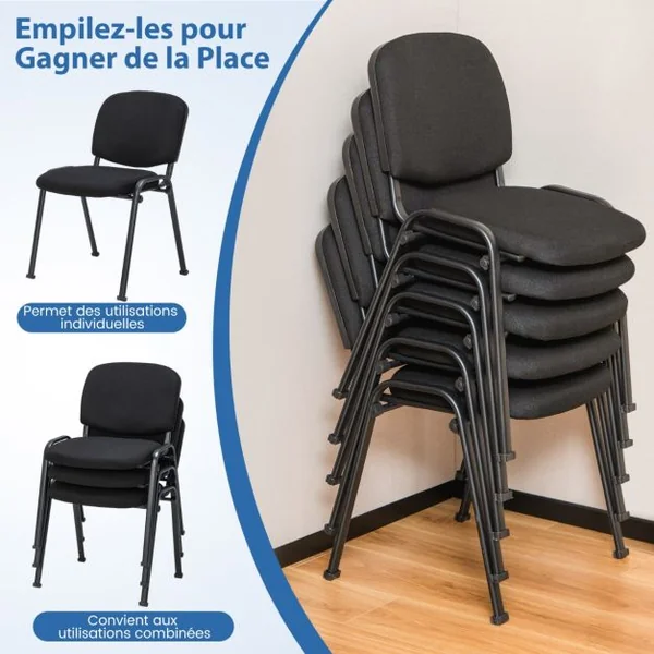 Lot de 5 Chaises de Conférence Ensemble de Chaises d'Invité Empilables Chaise de Bureau avec Cadre en Métal et Coussin Rembourré Noir