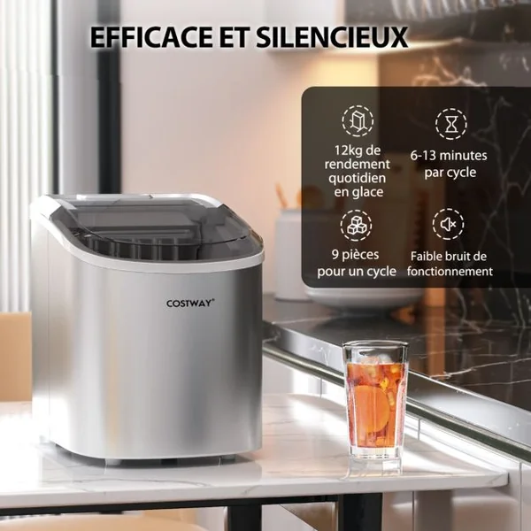 Machine à Glaçons Portable 12 kg/24H 2 Formats de Glaçons 6-13 Minutes Réservoir d'Eau 2,2 L avec Pelle Panier Amovible Argenté