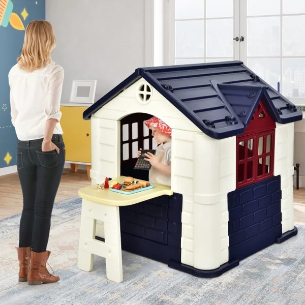 Maison Chef House -Thème Burger Bar - Table de Pique Nique Cabane de Jardin Anti-UV en Plastique 164x124x132 cm Bleu
