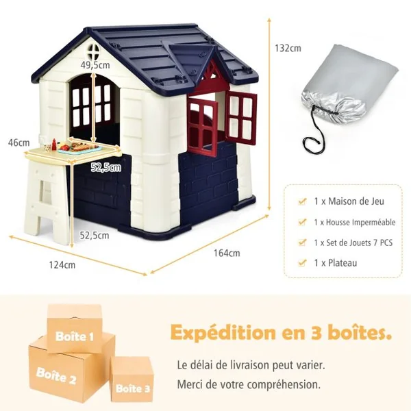 Maison Chef House -Thème Burger Bar - Table de Pique Nique Cabane de Jardin Anti-UV en Plastique 164x124x132 cm Bleu