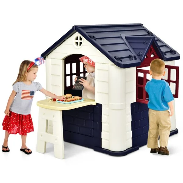 Maison Chef House -Thème Burger Bar - Table de Pique Nique Cabane de Jardin Anti-UV en Plastique 164x124x132 cm Bleu