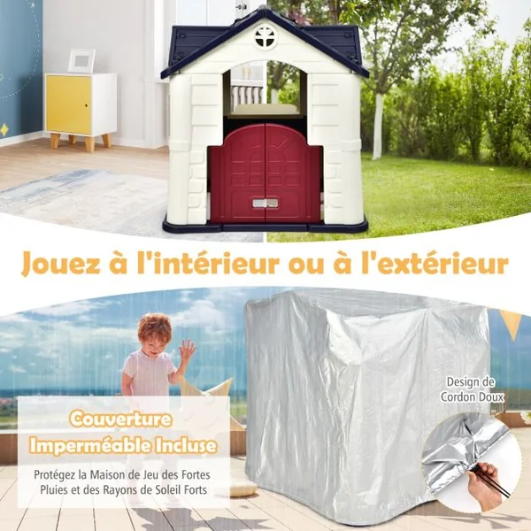 Maison Chef House -Thème Burger Bar - Table de Pique Nique Cabane de Jardin Anti-UV en Plastique 164x124x132 cm Bleu