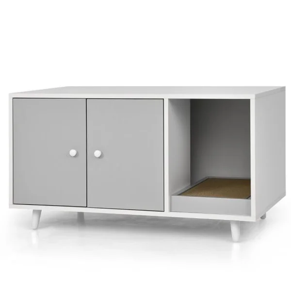 Maison de Toilette pour Chats 90 x 50 x 50 cm Meuble Literie Chat avec 2 Portes avec Planche à Gratter Gris/Blanc/Noyer