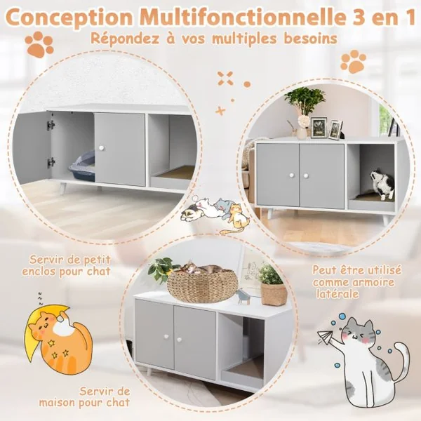 Maison de Toilette pour Chats 90 x 50 x 50 cm Meuble Literie Chat avec 2 Portes avec Planche à Gratter Gris/Blanc/Noyer