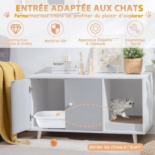Maison de Toilette pour Chats 90 x 50 x 50 cm Meuble Literie Chat avec 2 Portes avec Planche à Gratter Gris/Blanc/Noyer