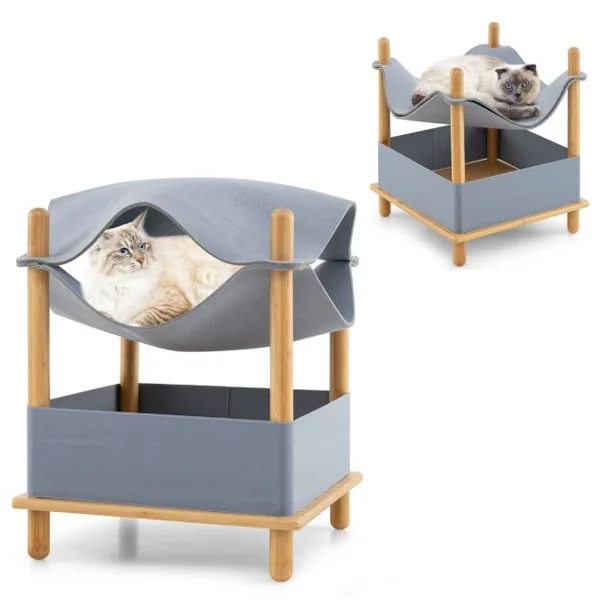 Maison pour Chat en Bois à 2 Niveaux Arbre à Chat Moderne avec Condo Semi-Clos Vêtements Amovibles Espace de Rangement Lit Hamac Élevé Gris