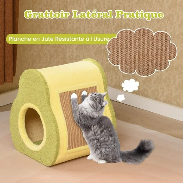 Maison pour Chat en Forme d'Avocat Abri Mignon avec Griffoir en Jute Trou Rond pour Chat Condo Compact avec Griffoir 35 x 33 x 40 cm Vert