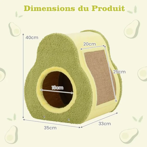 Maison pour Chat en Forme d'Avocat Abri Mignon avec Griffoir en Jute Trou Rond pour Chat Condo Compact avec Griffoir 35 x 33 x 40 cm Vert
