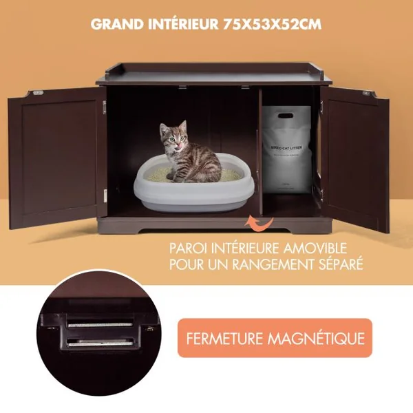 Maison pour Chats avec Chatière 2 Compartiments 1 Panneau Amovible et 2 Portes 75 x 54 x 52cm Charge Max 50KG Blanc/Café/Noir/Gris